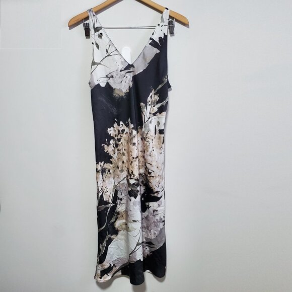 N NATORI Dark Floral Melody Charmeuse Slip Dress Midi Sleeveless Women's Medium - Picture 2 of 12